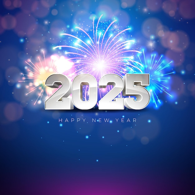 Ilustración de feliz año nuevo con número d y fuegos artificiales brillantes en el fondo azul de la noche Navidad