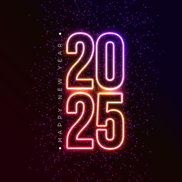Ilustración de feliz año nuevo con número de luz de neón brillante en fondo oscuro vectorial Navidad