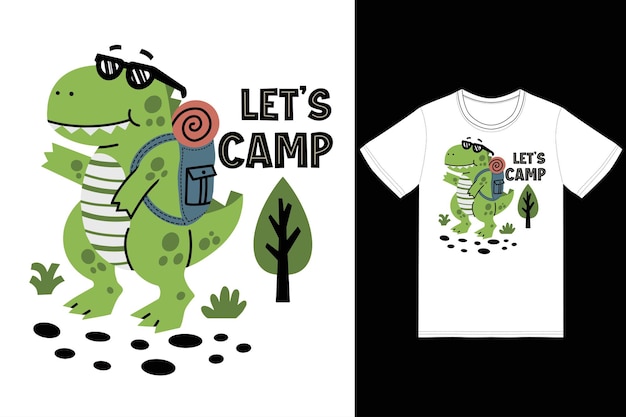 Vector ilustración feliz camper dino con diseño de camiseta vector premium