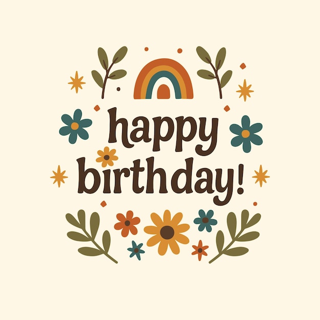 Ilustración feliz cumpleaños estilo boho tonos de tierra florales elementos alegres
