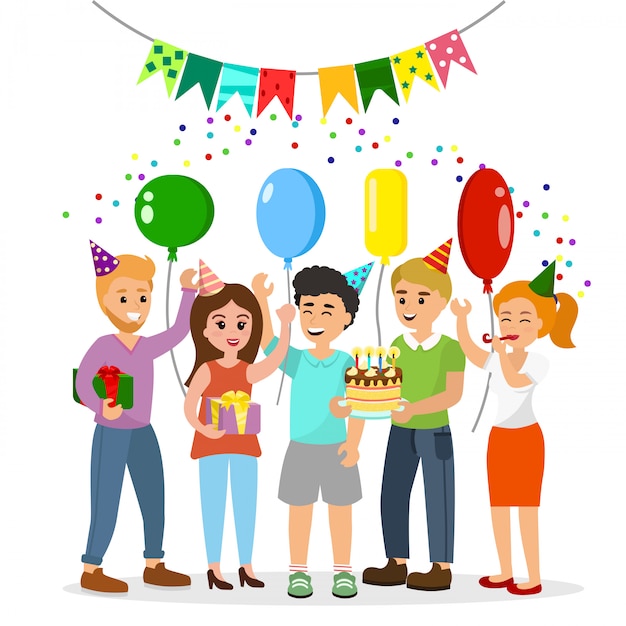 Vector ilustración feliz cumpleaños. feliz compañía de jóvenes brillantes y divertidos celebra la fiesta con un pastel y regalos.