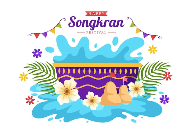 Ilustración feliz del día del festival Songkran con pistola de agua en Tailandia en dibujos animados dibujados a mano