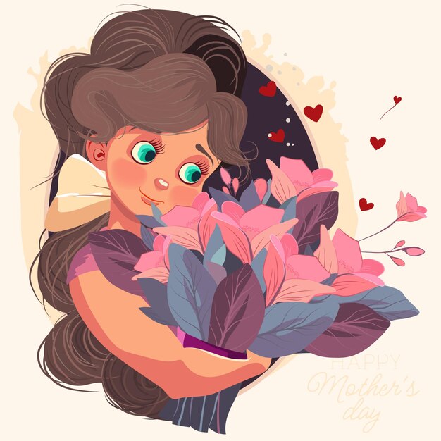 Vector ilustración del feliz día de la madre con una mujer sosteniendo flores