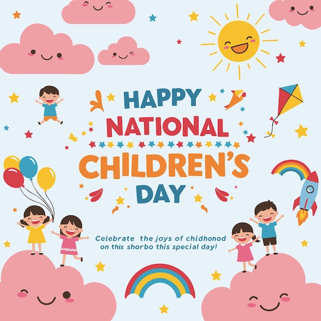 Ilustración del feliz día nacional de los niños con niños lindos y elementos de dibujos animados