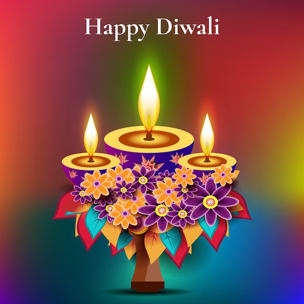 Vector ilustración de feliz diwali con decoraciones de flores en macetas y lámparas