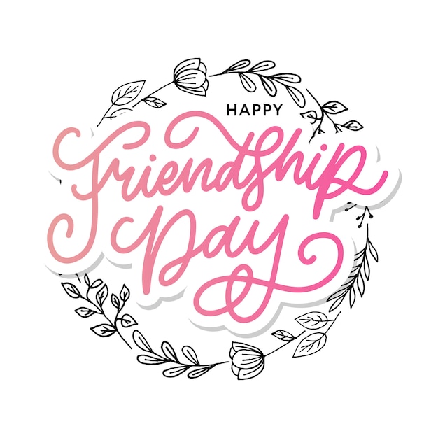 Ilustración de la feliz felicitación del día de la amistad dibujada a mano en estilo de moda con letras de texto y triángulo de color para efecto grunge sobre fondo blanco.