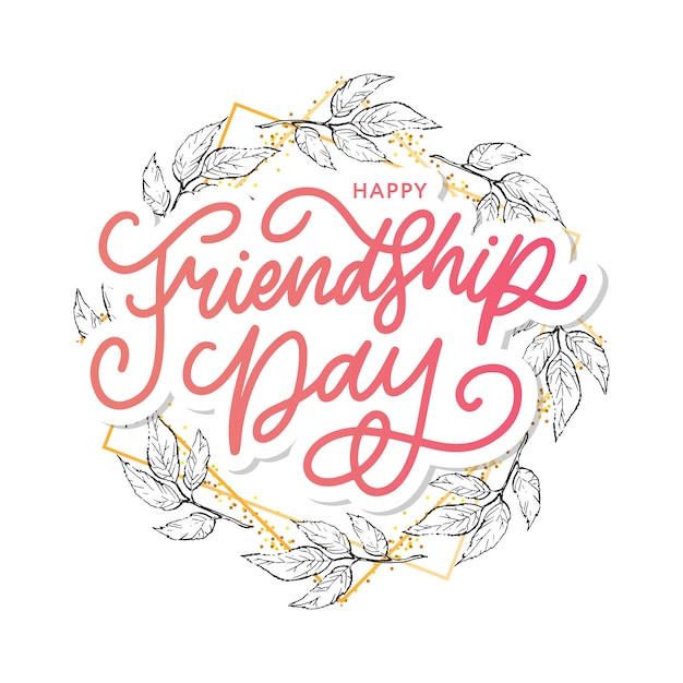 Ilustración de la feliz felicitación del día de la amistad dibujada a mano en estilo de moda con letras de texto y triángulo de color para efecto grunge sobre fondo blanco.
