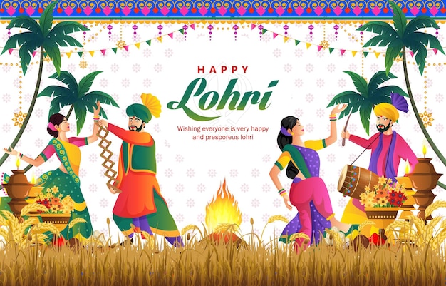 Ilustración del feliz festival de Lohri en el Punjab, India