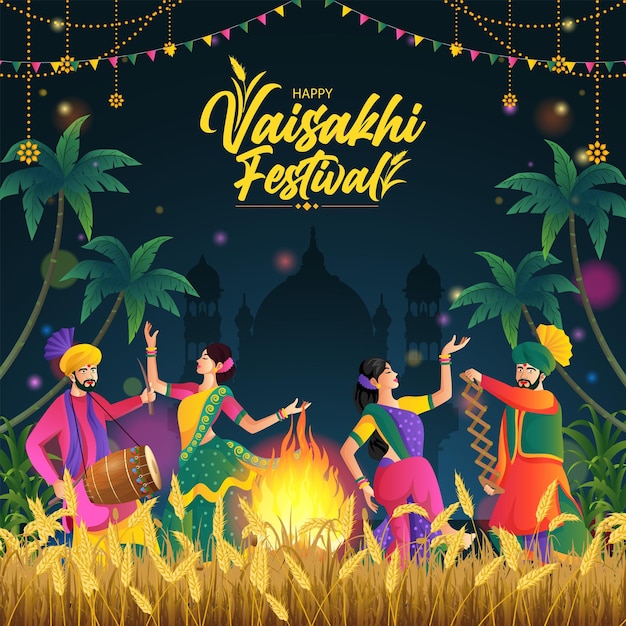 Ilustración del feliz festival de Vaisakhi con personas felices de la India bailando en la noche