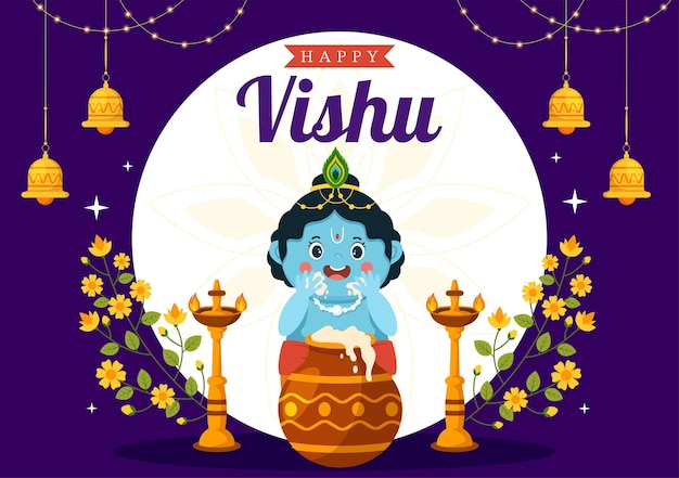 Ilustración feliz del festival Vishu con frutas y verduras en plantillas planas dibujadas a mano de dibujos animados