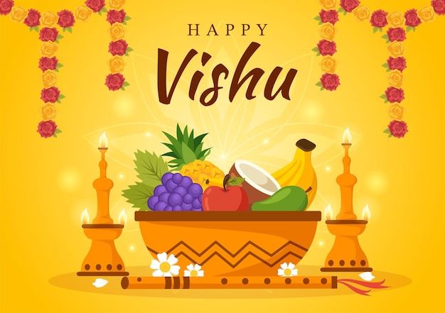 Ilustración feliz del festival Vishu con frutas y verduras en plantillas planas dibujadas a mano de dibujos animados