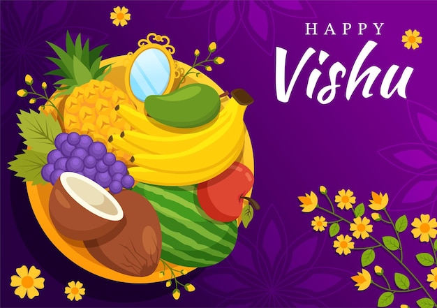 Ilustración feliz del festival Vishu con frutas y verduras en plantillas planas dibujadas a mano de dibujos animados