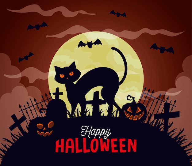 Ilustración de feliz halloween con gato, calabazas, murciélagos volando y luna llena