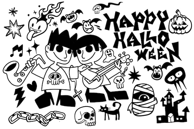 Ilustración feliz de Halloween con personajes lúdicos elementos espeluznantes y festivos