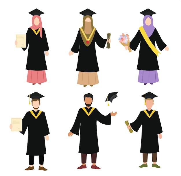 ilustración feliz de hombres musulmanes de graduación y mujeres musulmanas que usan hiyab