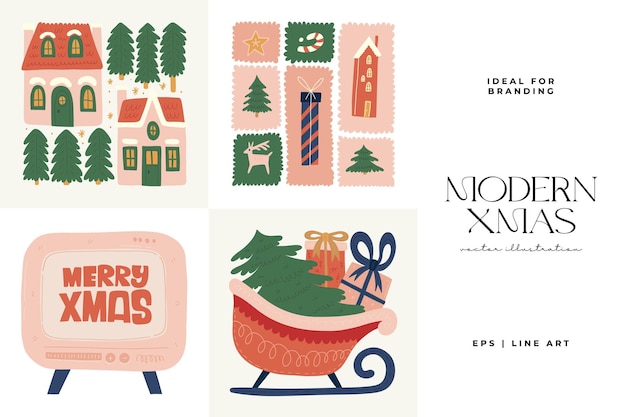 Ilustración de Feliz Navidad y Feliz Año Nuevo Estilo minimalista moderno y de moda de Matisse dibujado a mano