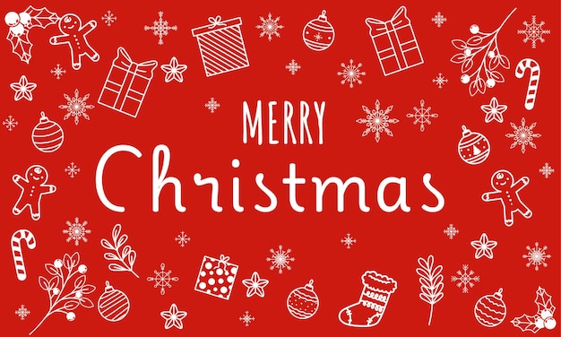 Ilustración de Feliz Navidad con iconos festivos sobre un fondo rojo