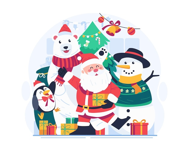 Vector ilustración de feliz navidad papá noel y sus adorables compañeros con un árbol de navidad y regalos