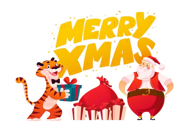 Ilustración de feliz navidad con saludo de texto, carácter de tigre, santa claus y regalos aislados. estilo de dibujos animados plano de vector. para pancartas, tarjetas de venta, carteles, etiquetas, web, folletos, publicidad, etc.