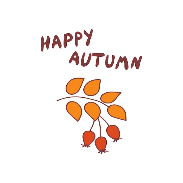 Ilustración de feliz otoño con hojas y bayas de colores que celebran la temporada de una manera simple