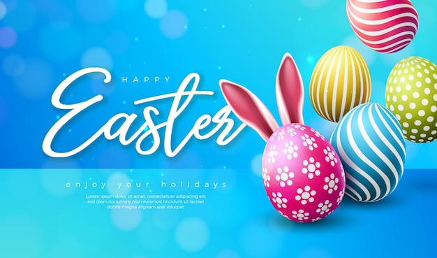 Ilustración de Feliz Pascua con huevo pintado con flores y orejas de conejo en vector de fondo azul