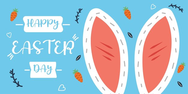 Vector ilustración de feliz pascua con huevos pintados de colores y orejas de conejo