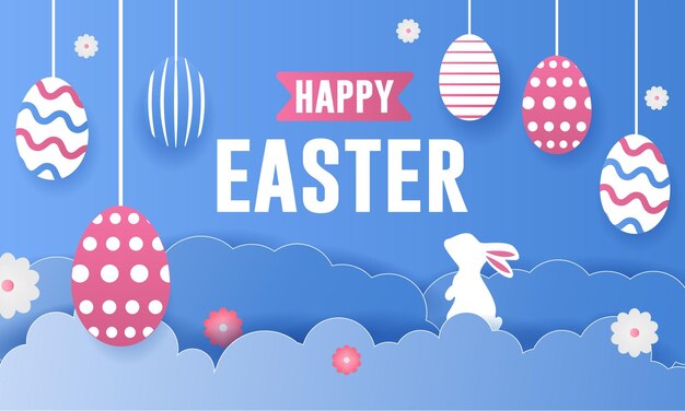 Ilustración de Feliz Pascua con huevos pintados de colores y orejas de conejo