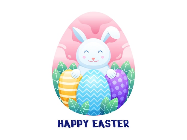 Ilustración Feliz Pascua con lindo conejito y colorido huevo de Pascua Tarjeta de felicitación de Pascua Dibujos animados