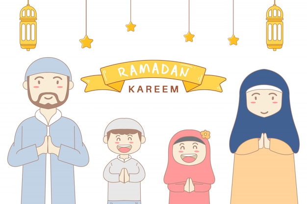 Ilustración feliz Ramadán familia personajes Premium