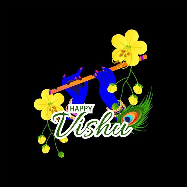 Ilustración de Feliz Vishu. Festival de Kerala con Vishu Kani, flor de vishu Frutas y verduras.