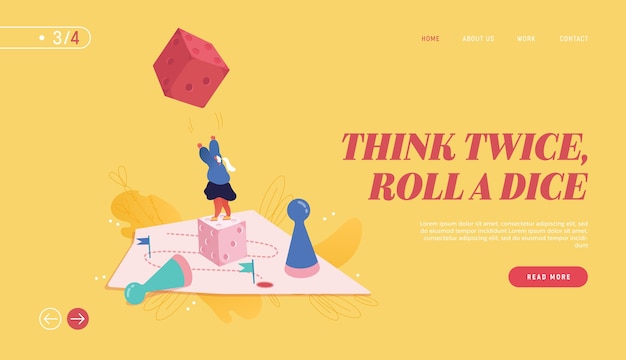 Ilustración femenina ganadora para diseño web, banner, aplicación móvil, página de destino. Planificación estratégica, concepto de trabajo en equipo, riesgo empresarial. Personaje de personas jugando al juego de mesa, lanzando los dados.