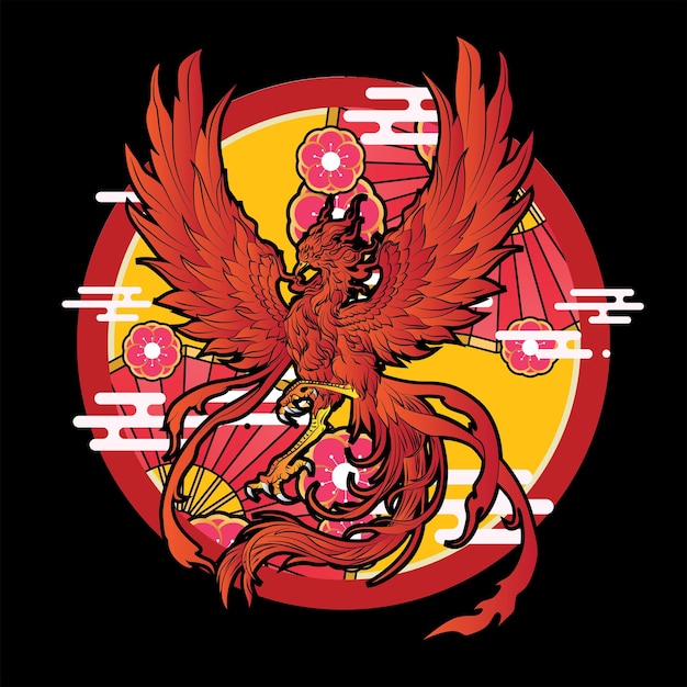 Ilustración de fénix con fondo de estilo japonés