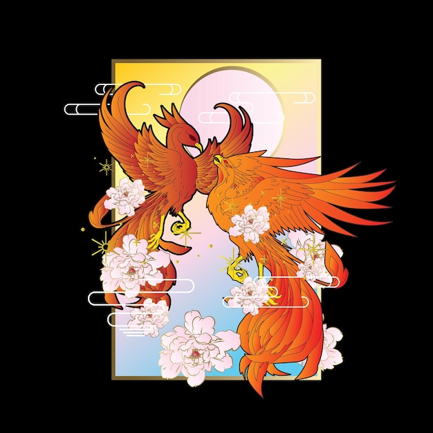 Ilustración de fénix con fondo de estilo japonés