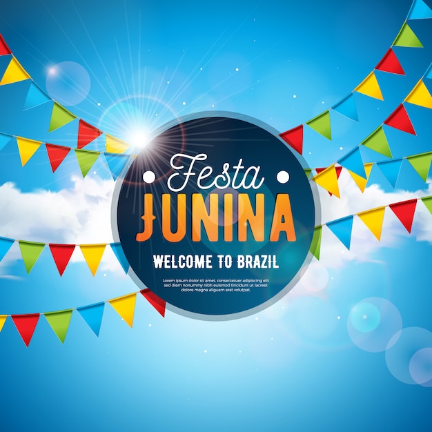 Ilustración de festa junina con banderas de fiesta y azul cielo nublado