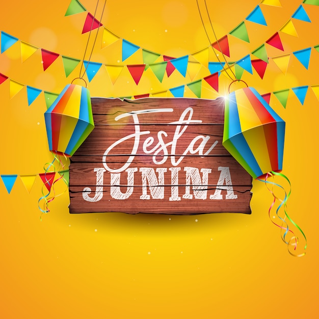 Ilustración de Festa Junina con banderas de fiesta y linterna de papel sobre fondo amarillo.