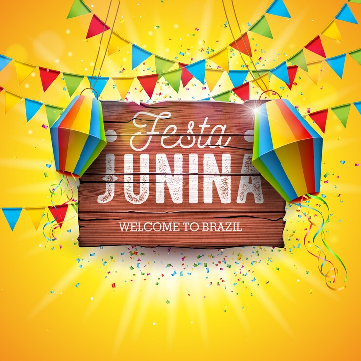 Vector ilustración de festa junina con banderas de fiesta y linterna de papel