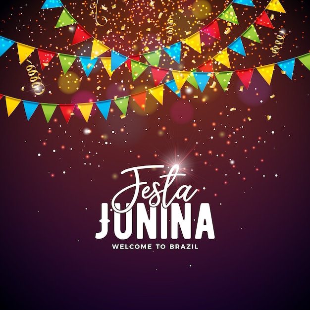 Ilustración de festa junina con banderas de fiesta y tipografía