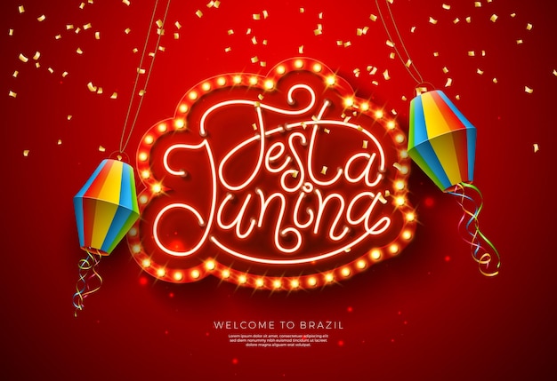 Vector ilustración de festa junina con letras de luz de neón brillante sobre fondo de cartelera de bombilla roja