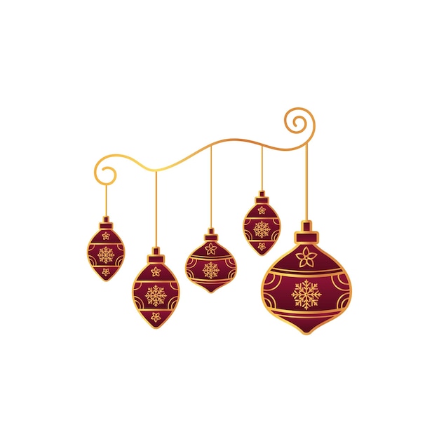 Una ilustración festiva de adornos navideños rojos y dorados colgando de un alambre dorado creando una hermosa y elegante exhibición para la temporada navideña