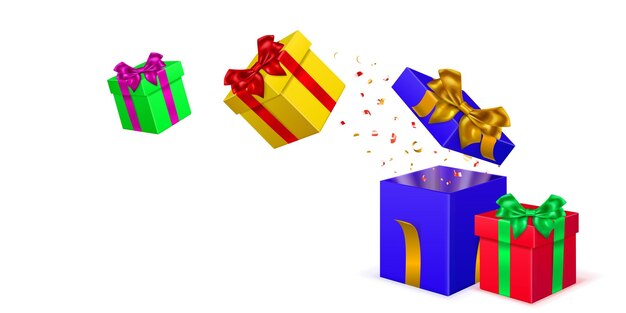 Ilustración festiva con cajas de regalo de colores con cintas y lazos y piezas de serpentina