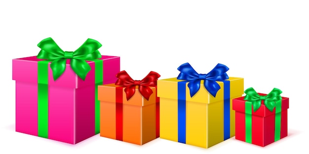 Ilustración festiva con cajas de regalo de colores con cintas y lazos.