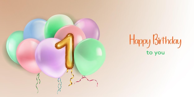 Ilustración festiva de cumpleaños en colores pastel con varios globos de helio, globos de lámina dorada en forma de número 1 y letras "Feliz cumpleaños" sobre fondo beige