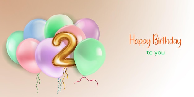 Ilustración festiva de cumpleaños en colores pastel con varios globos de helio, globos de lámina dorada en forma de número 2 y letras "Feliz cumpleaños a ti" sobre fondo beige