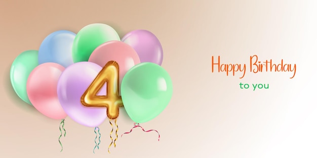 Ilustración festiva de cumpleaños en colores pastel con varios globos de helio, globos de lámina dorada en forma de número 4 y letras "Feliz cumpleaños" sobre fondo beige