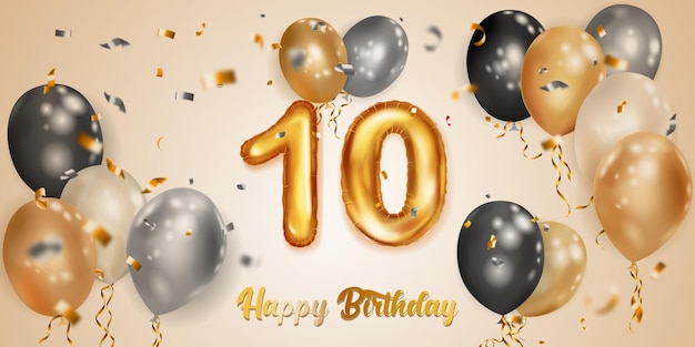 Ilustración festiva de cumpleaños con globos de helio blancos, negros y dorados, gran número 10, globo de lámina dorada que vuela piezas brillantes de serpentina e inscripción Feliz cumpleaños sobre fondo claro