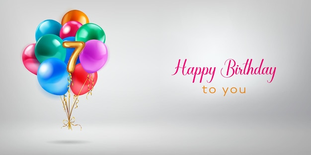 Ilustración festiva de cumpleaños con un montón de globos de helio de colores, globos de lámina dorada en forma del número 7 y letras "Feliz cumpleaños" sobre fondo blanco.
