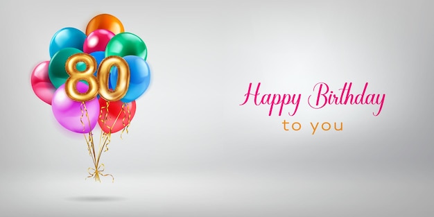 Ilustración festiva de cumpleaños con un montón de globos de helio de colores globos de papel dorado en forma de número 80 y letras Feliz cumpleaños en fondo blanco