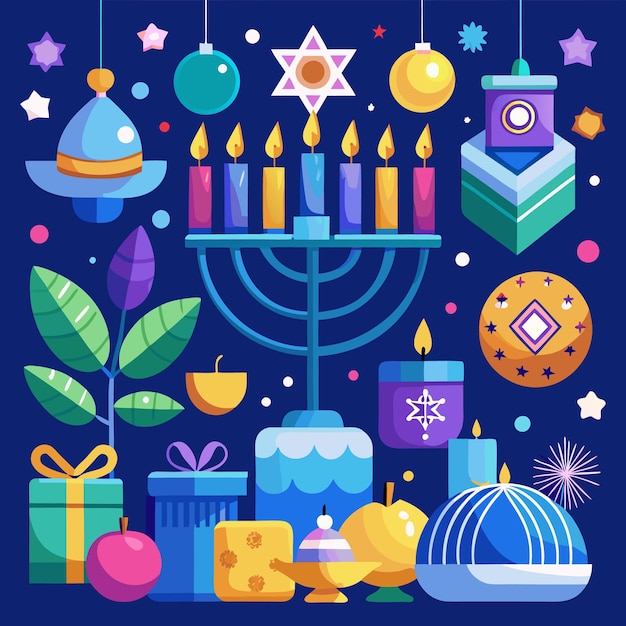 Ilustración festiva de Hanukkah con velas de Menorah, regalos y estrellas