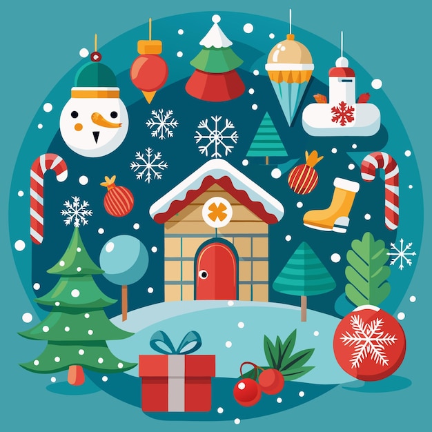 Ilustración festiva de Navidad con adornos, muñeco de nieve, regalos de caña de caramelo y casa