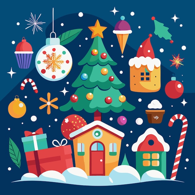 Ilustración festiva de Navidad con un árbol de Navidad decorado que alberga regalos y adornos